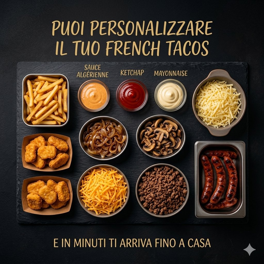 Ingredienti French Tacos marocchino: patatine, salse algeriana ketchup maionese, merguez, carne macinata